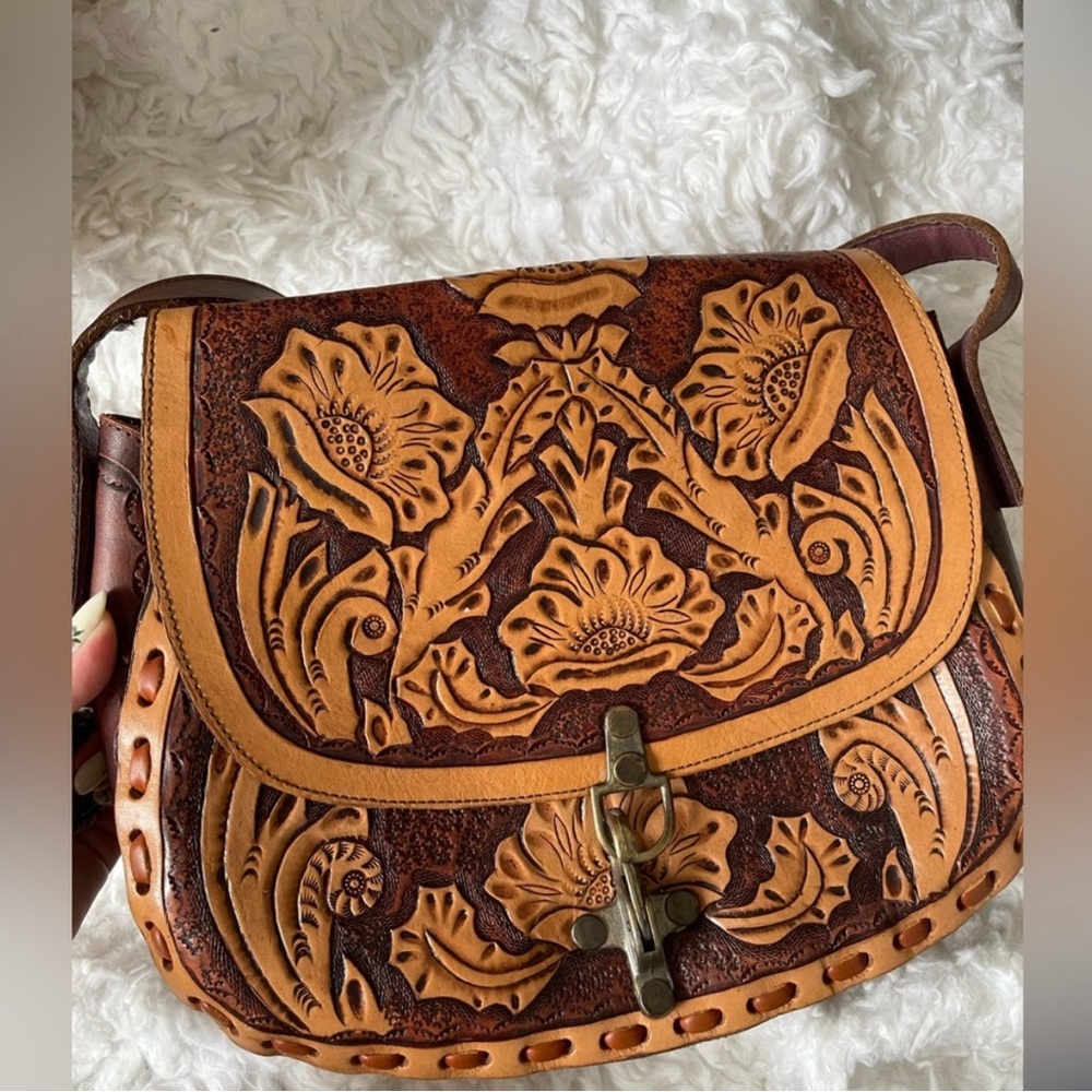 Vintage Hand-Tooled Western Floral Leather Crossbody Bag - Tan & Brown